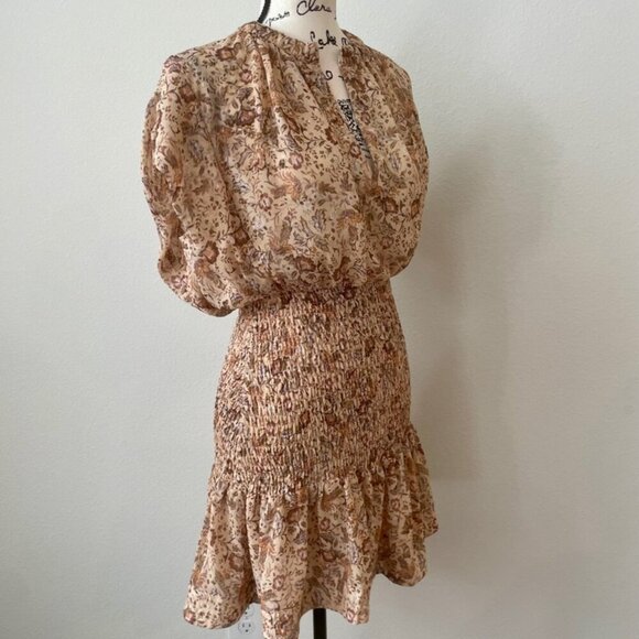 OLIVACEOUS DRESS FLORAL METALLIC DETAIL RUCHED TIERED SMOCKED SZ M FAIRY CORE - Picture 9 of 16